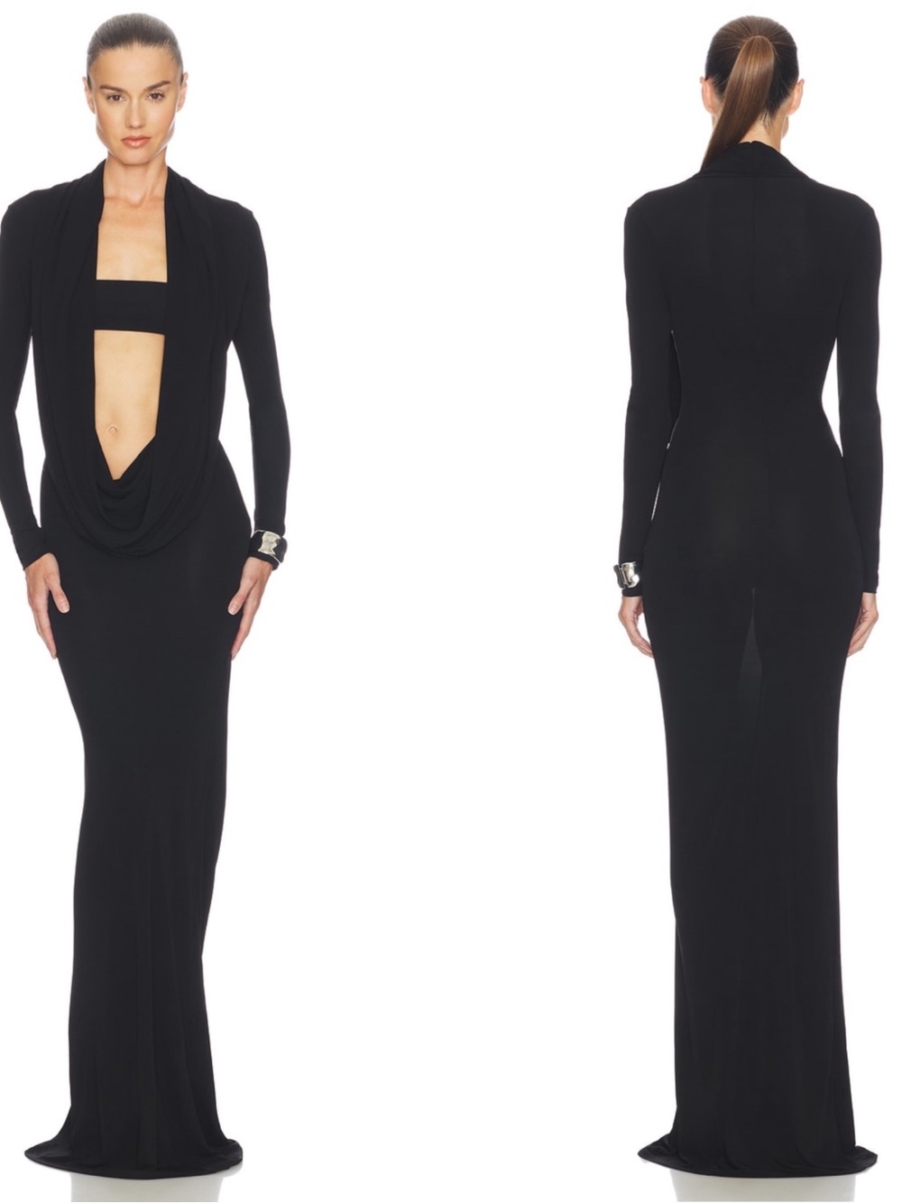 HELSA Svetlana Long Sleeve Deep V Neckline Jersey Black Maxi Dress Size Small